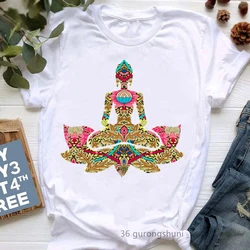 2024 Hot Sale Colorful Meditation Print T Shirt Girls Summer Short Sleeve Tshirt Femme Buddha Chakra Yoga Women T-Shirt