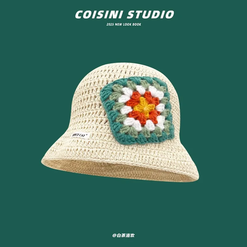 

New Retro Color Matching Flower Hand-woven Bucket Hat Women Spring and Autumn Casual Versatile Hollow Breathable Dome Basin Cap