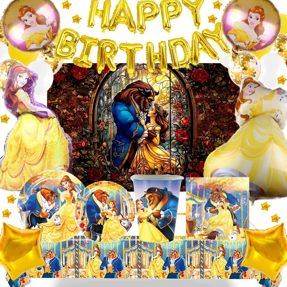 

Disney Beauty And The Beast Birthday Party Decorations Supplies Belle Princess Backdrop Child Girl Favor Gifts Cup Plate Balloon