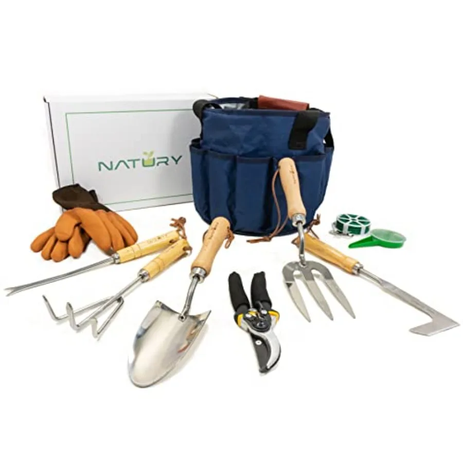 Zestaw narzędzi ogrodowych Premium ze stali nierdzewnej z solidnymi rączkami z drewna bukowego Kompletny zestaw narzędzi ogrodniczych, w tym grabie