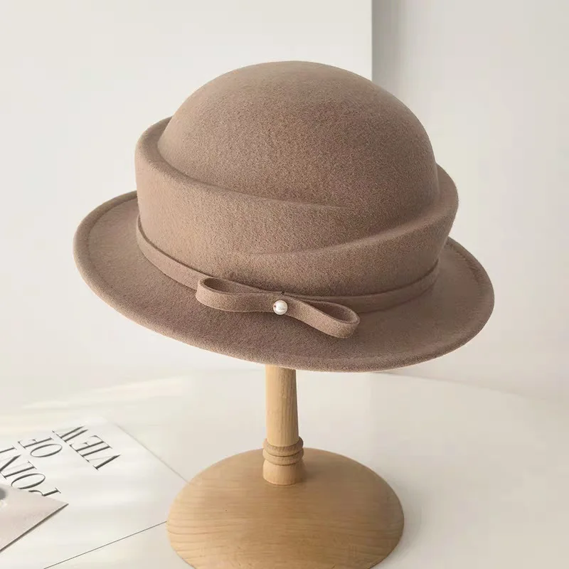 جديد 100% قبعة صوف جرس قبعة المرأة الفرنسية أنيقة الرجعية هيبورن الخريف والشتاء المشاهير اللؤلؤ الصوف ورأى قبعة بحافة #3
