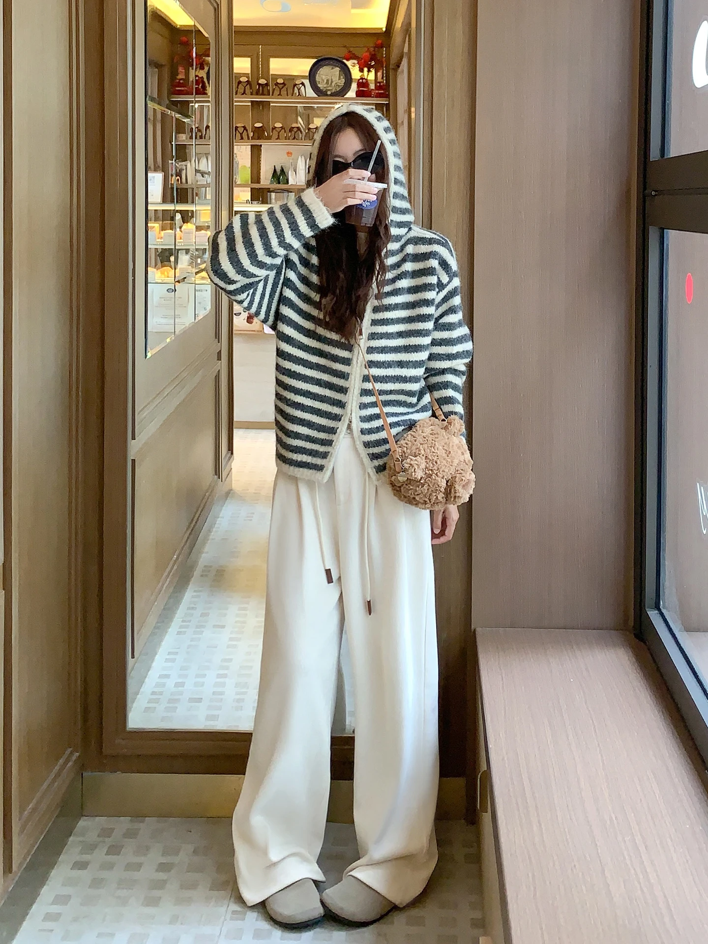 

Корейский вязаный кардиган на молнии с капюшоном в полоску, свободный свитер-жакет для женщин, осенне-зимняя новинка, повседневный топ