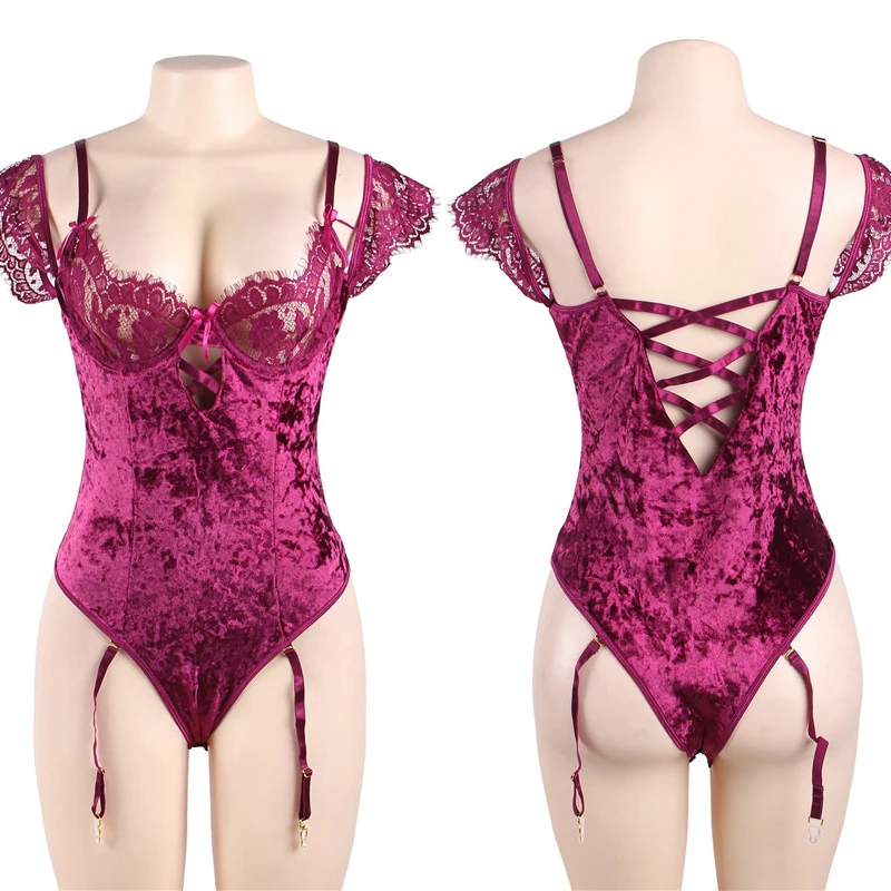 Comeonlover Sexy Women Garter Bodysuits Lingerie Off Shoulder Lace Hollow Out Cup Teddy Body Bodycon Soft Velvet Ropa Mujer 7XL