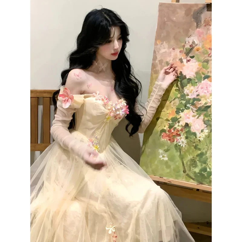 فستان جنية أنيق على الطراز الكوري الجديد للنساء لربيع وصيف موضة مأدبة سهرة فساتين ماكسي على شكل زهرة عتيقة