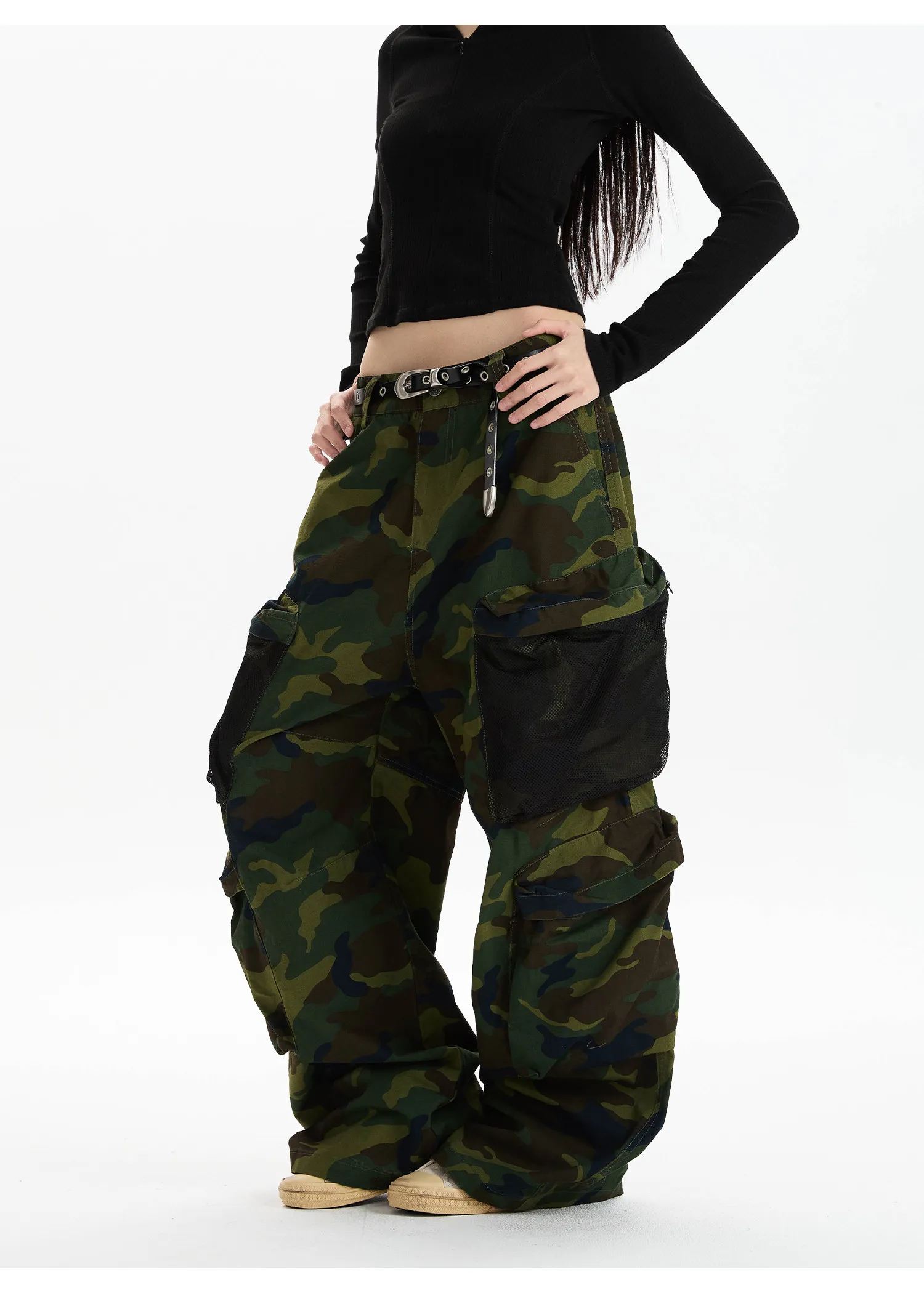 American retro washed camouflage work pants for women loose straight leg multi pocket wide leg casual paratroope Trousers