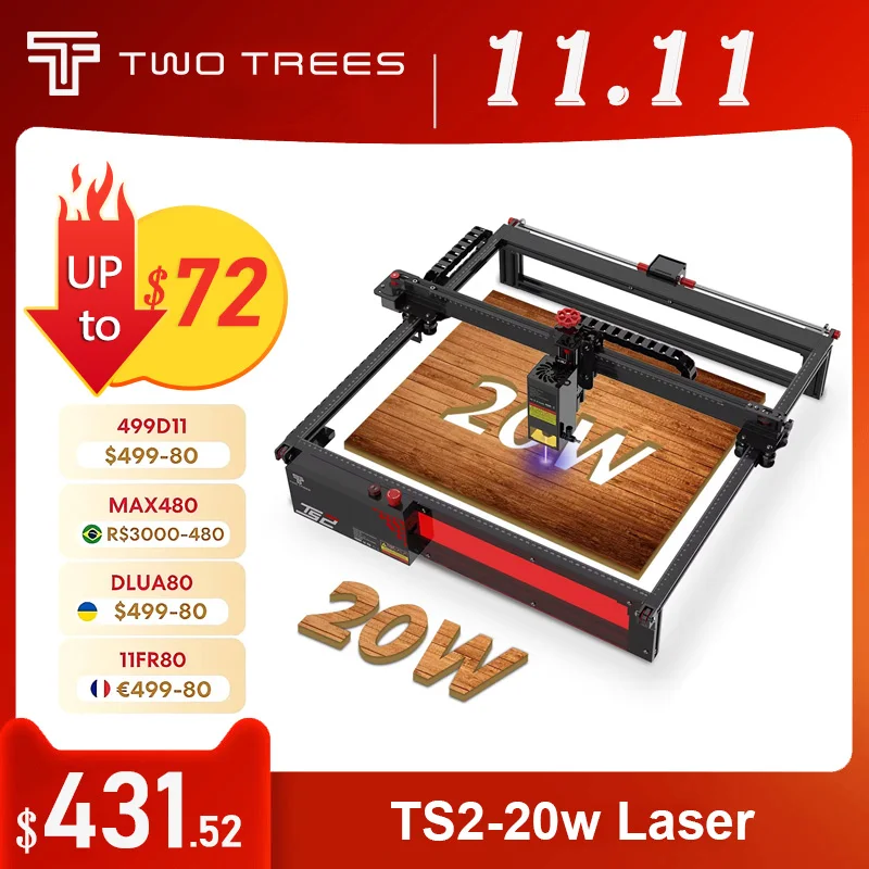 TWOTREES TS2 20W Home Use Desktop 410*410mm Work Area Compressed Spot Technology laser engraving machine metal wood glass plas