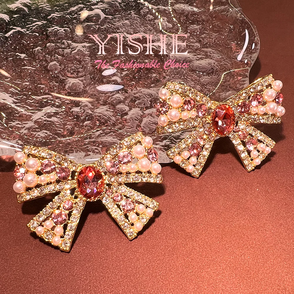 New Chinese Rouge Powder Bow Niche Design Diamond Earrings Vintage Elegant Gold Plated Premium Medieval