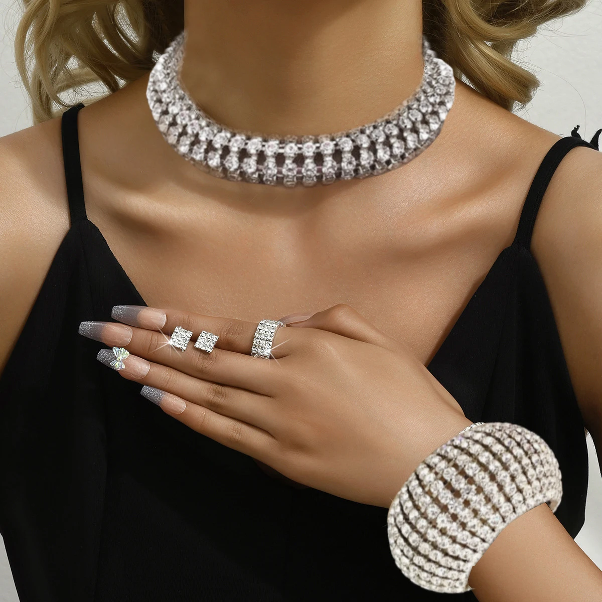 

Exaggerated Multi-row Rhinestone Bracelet Necklace Set Fashion Design Dubai Bridal Jewelry Sets for Women Wedding Accessories