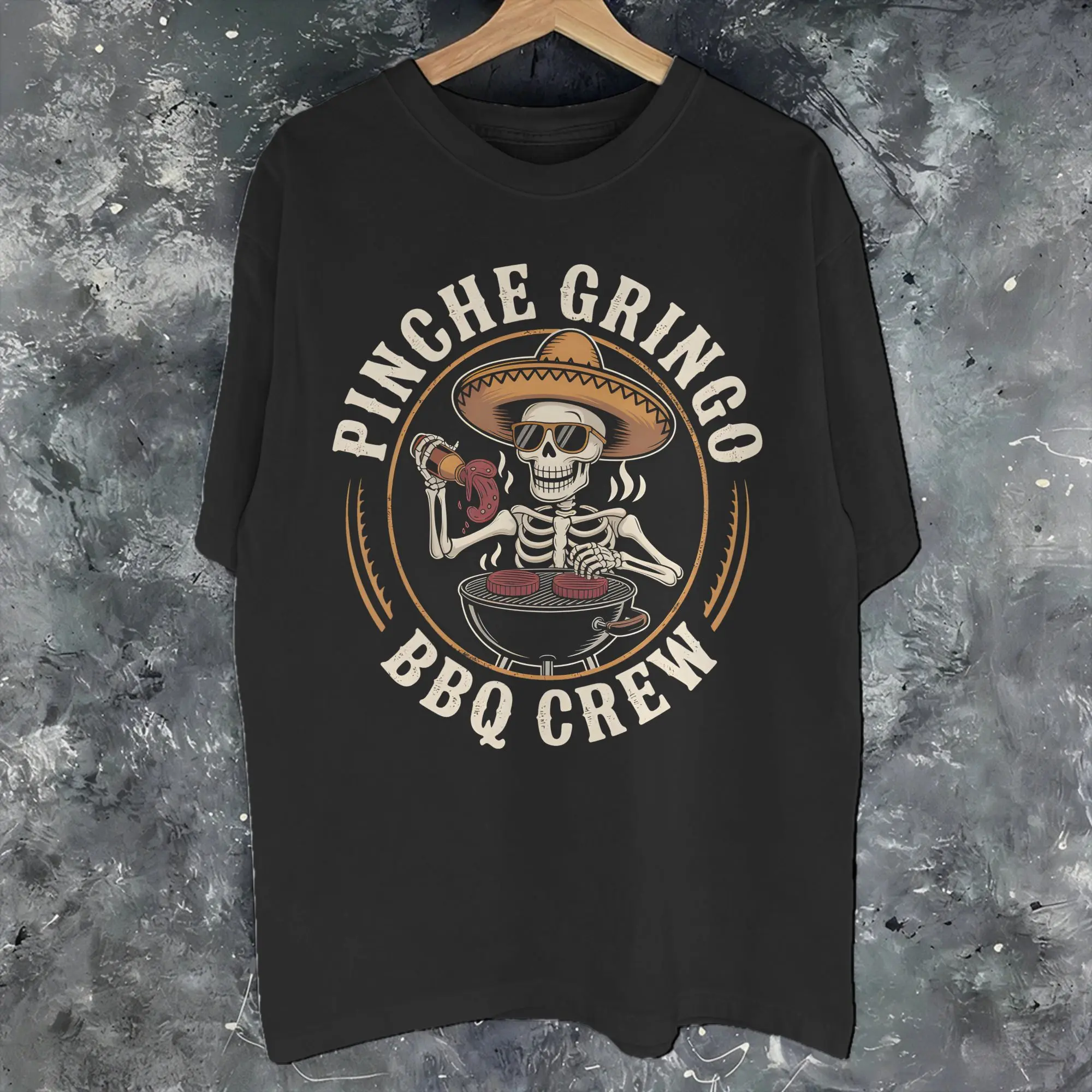 Pinche Gringo BBQ Crew Skeleton Grilling Beer Graphic Printing T Shirts for Men Women  Cotton  Tee Shirt Clothing