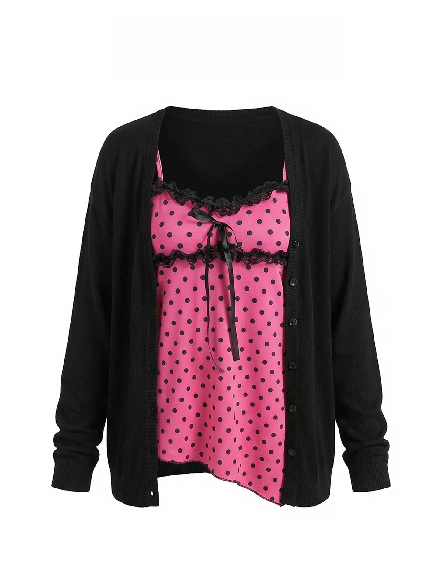 

Cute Black Polka Dot Spring Summer Women's Fashion Set Slimming Open Cardigan Strap Top Bottoms Two-Piece Set Street Style