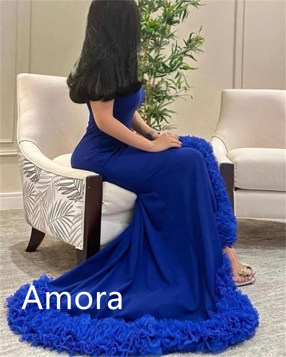 

Customized High Quality Dark Blue Jersey Evening Dress Exquisite Strapless Sleeveless Side Slit Chapel Train Homecoming Dress
