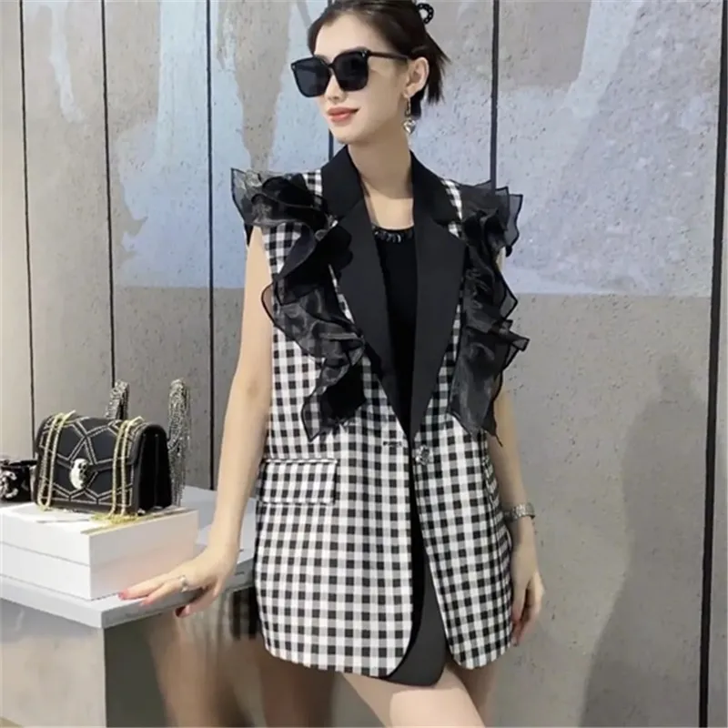 

Fashion Lotus Leaf Lace Decorative Stitching Contrast Collar Plaid Vest Jacket Women 2024 New Spring Summer Blazer Waistcoat