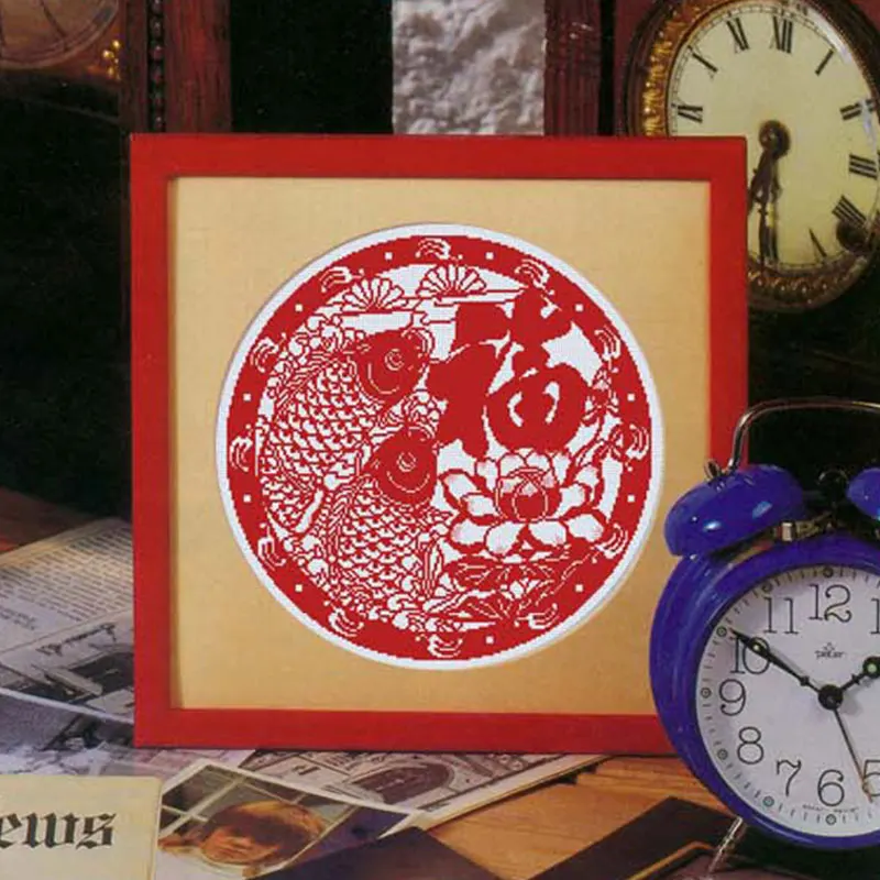 

Living Room Cross Stitch Kit Lotus Fish Fortune Print Cotton Fabric European Style Korean Origin White Color Chinese Series