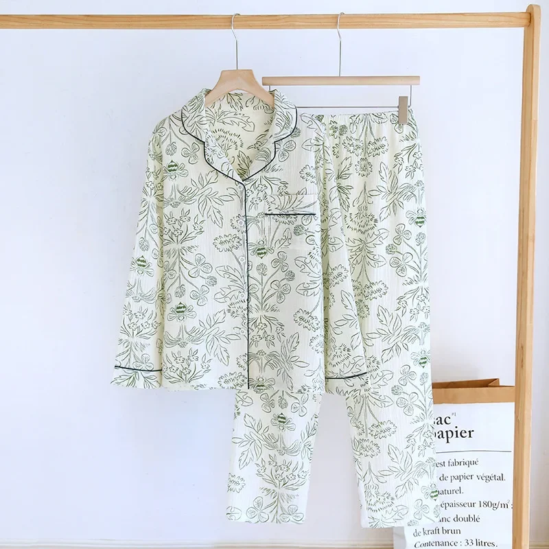 

2025 New Spring and Autumn Women's Pajama Set 100% Pure Cotton Crepe Long sleeved Pants Two piece Set Thin Home Fury Sleepwear