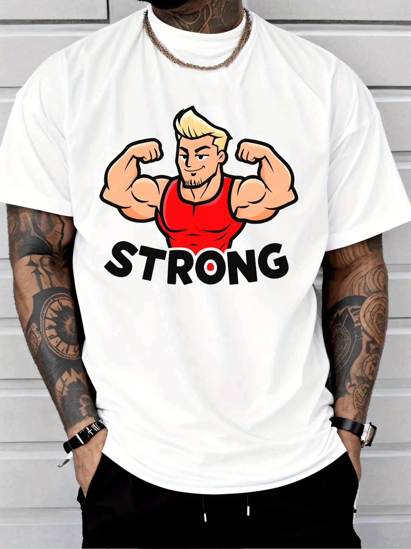 Men Black Crew Neck Tee Cartoon Blonde Muscular Man Flex Arms Red Tank Top Strong Text Gym Fitness Casual Cotton Tops