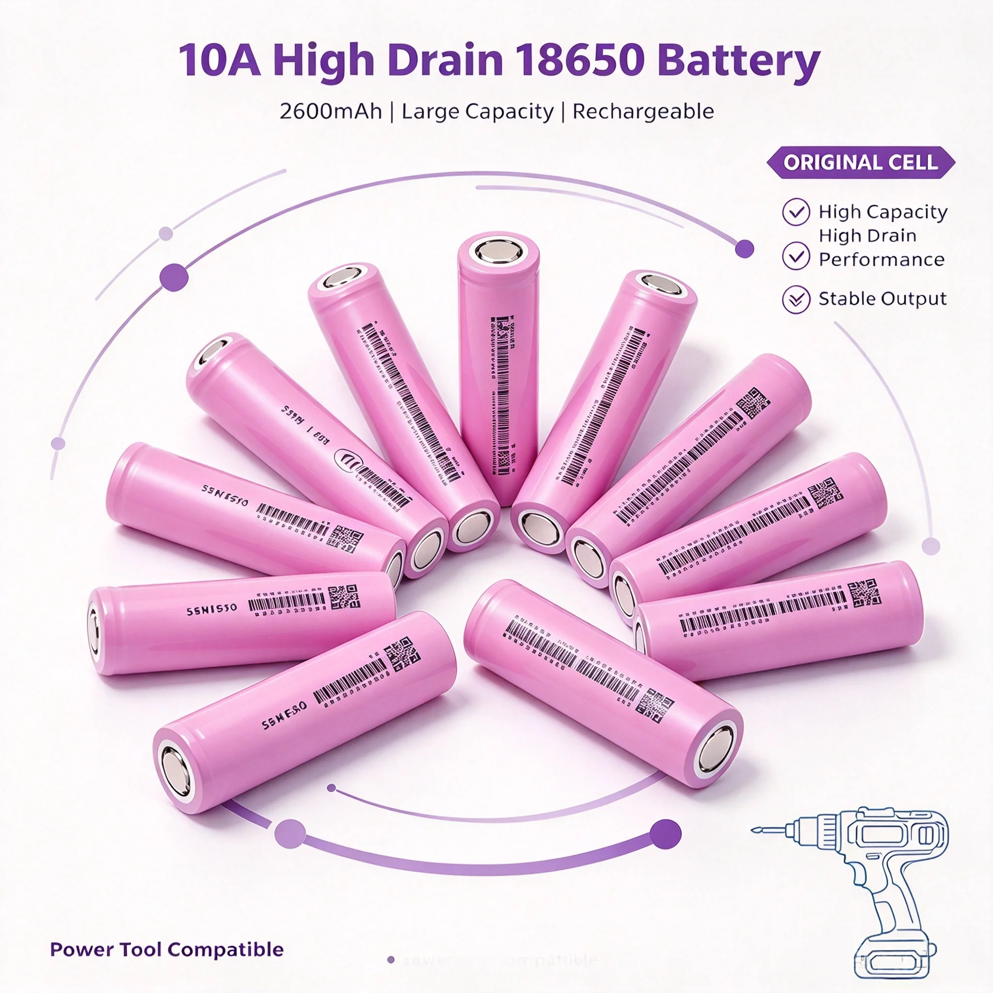 1-50PCS INR18650-26E 2600mAh 3.7V Rechargeable Lithium Power Cell, 18650 Battery For Flashlight,Headlamp,Speaker,Electric Tools