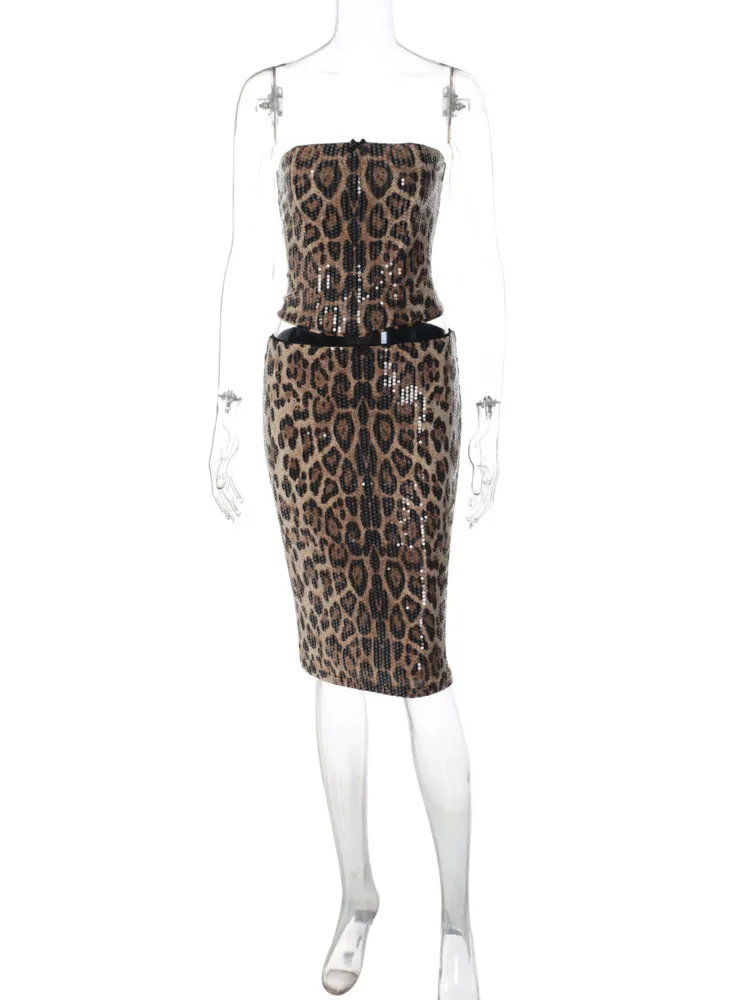 Mozision Sparkle Leopard Print Two Piece Set Wanita Atasan Tanpa Tali Elegan Dan Rok Set Serasi Set Gaun Pesta Klub Fashion