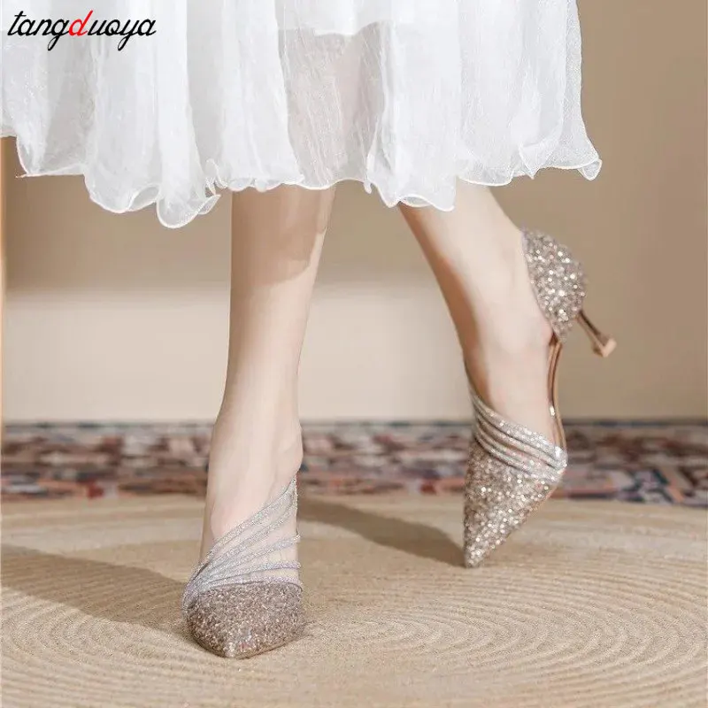 Sexy Pointed Toe Pumps Women Luxury Shiny Crystal High Heels Elegant slim heel silver wedding Party shoes Women\'s dress Shoes