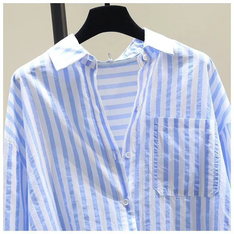 Fashionable Striped Long Sleeve Women's Shirt Korean Style Versatile Slimming Design Summer 2026 Trendy Commute Wind Polyester