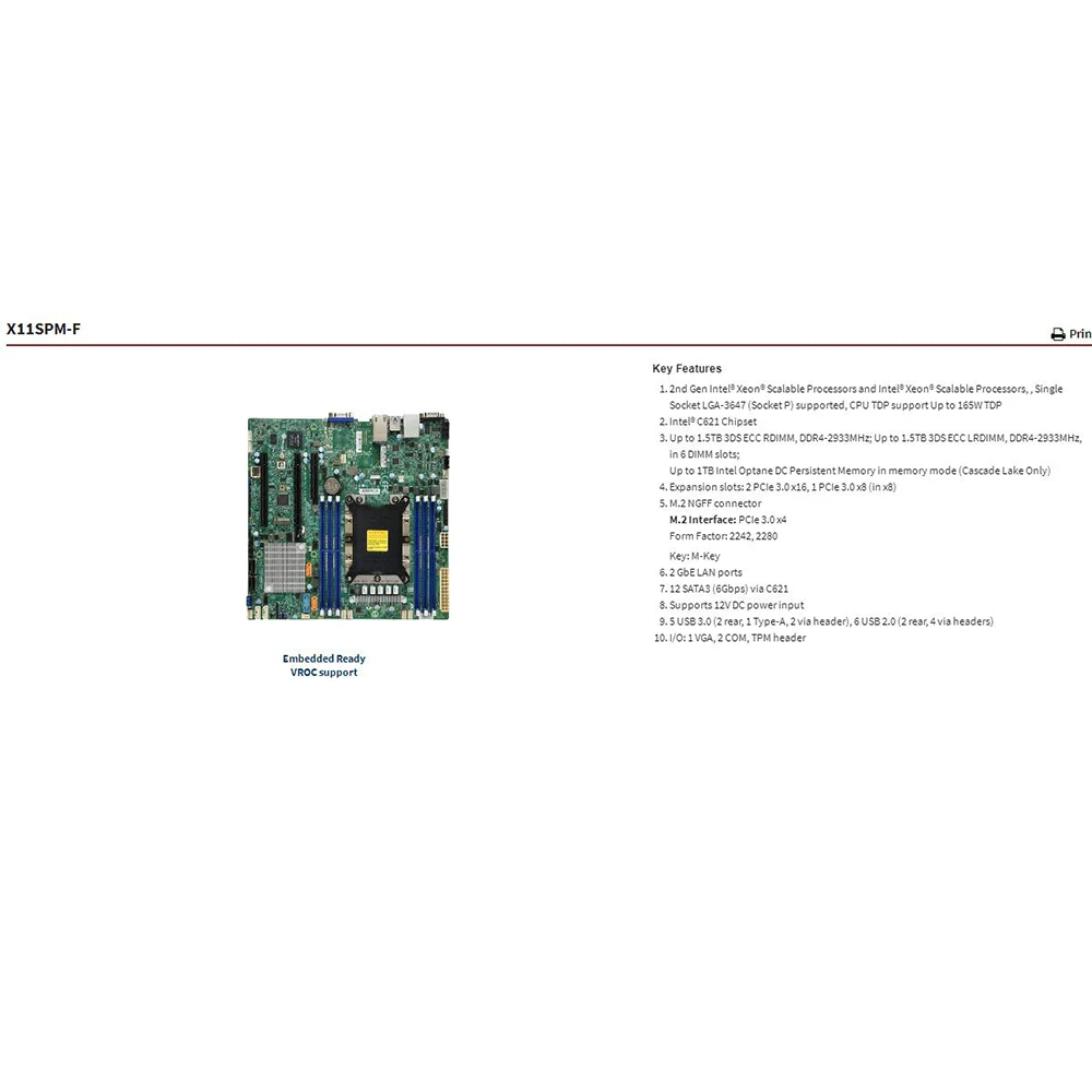 X11SPM-F For Supermicro Xeon Scalable Processors Single Socket LGA-3647 (Socket P) supported