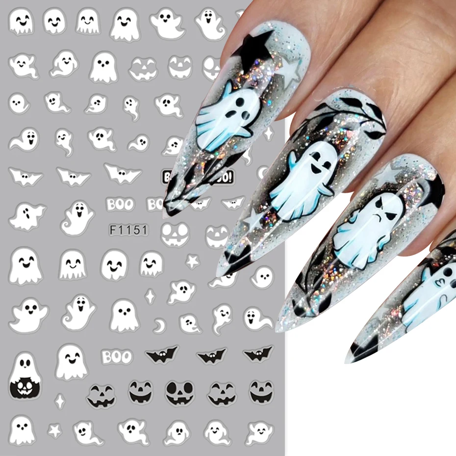Pegatinas luminosas para uñas espeluznantes de Halloween, calcomanías con diseño de calabaza fantasma blanco que brillan en la oscuridad, decoraciones artísticas para manicura, 2 uds.