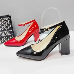 7cm Square Heel Pumps Women Shoes Leisurea nkle Strap Smooth Rivet Fixation Pimp Strip Buckle Pointed Toe Plus Super Big Size 50