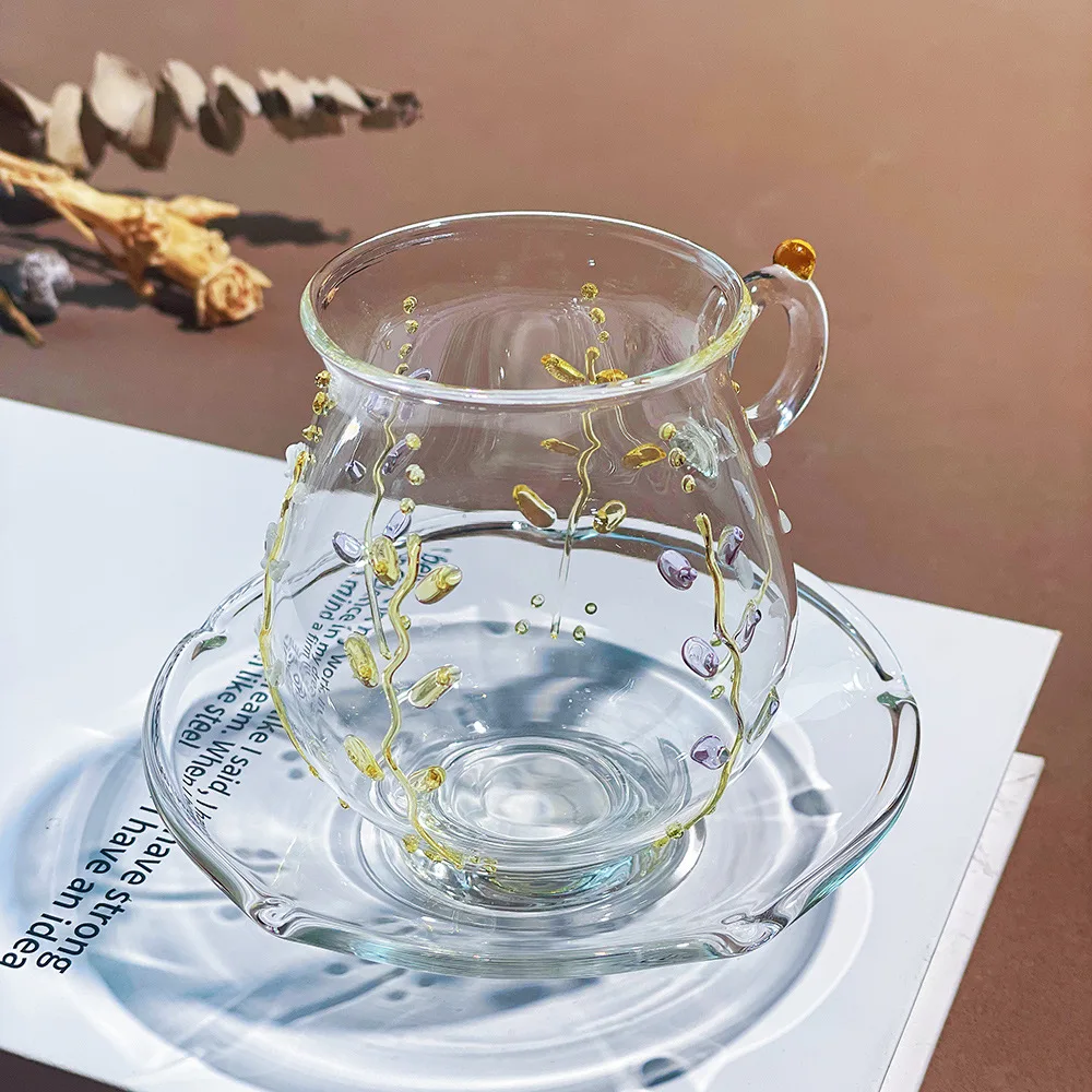 

Korean Style Coffee Cup Transparent Glass Cup Floral Pattern Home Creative Water Cup