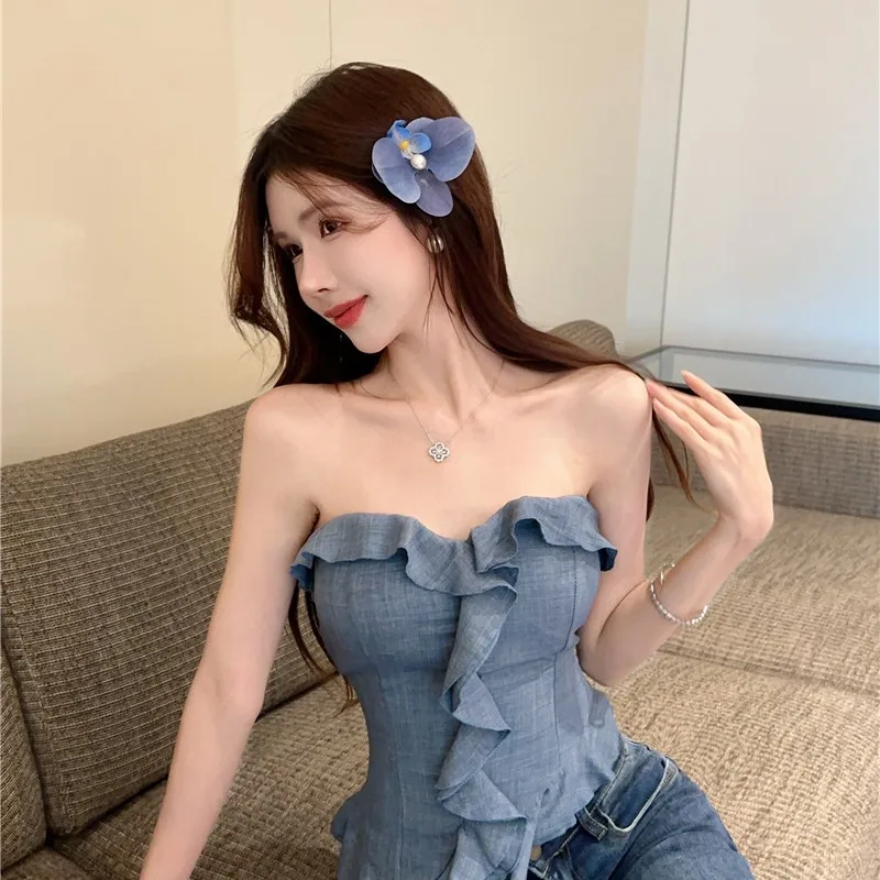 سترة نسائية كلاسيكية أمريكية بحمالات لصيف 2025 بتصميم جديد تنورة مقوسة مع وسادة صدر سترة فتاة حارة بطول ort #3