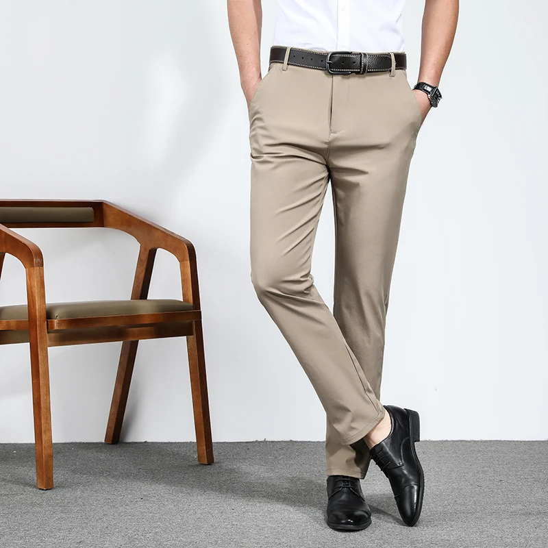 Fashion Basic Trousers Pockets Summer Business Casual Solid Color Straight Mid Waist Button Men's Clothing Spliced Suit Pants