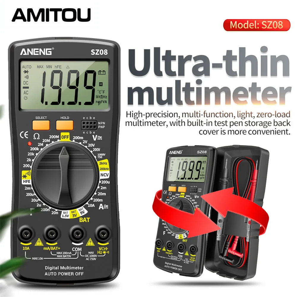 AMITOU SZ08 multímetro Digital profesional, Detector de voltaje sin contacto, medidor de corriente CA/CC, herramienta de prueba eléctrica para electricista