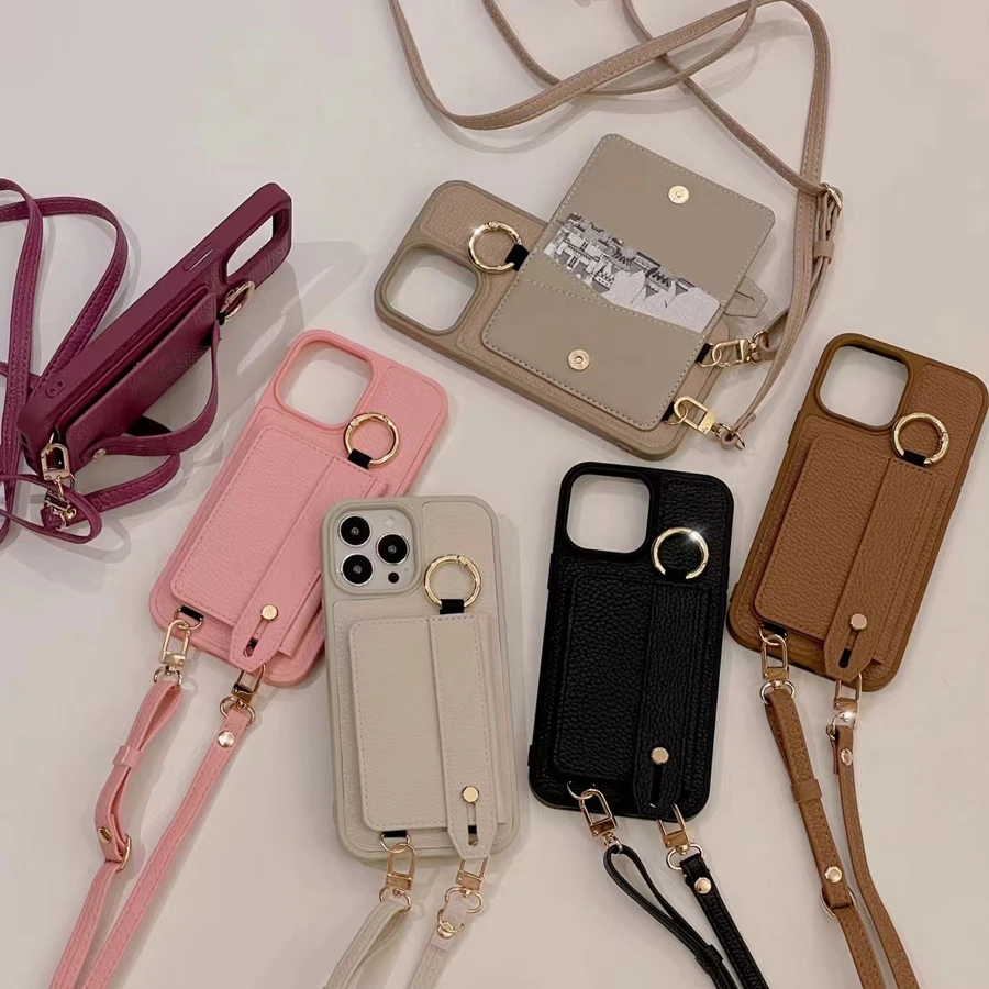 

Retro Lychee Grain Wrist Band Phone Case for iPhone 17 Air 16 15 14 Plus 13 12 11 Pro Max Leather Card Pocket Cover Neck Strap