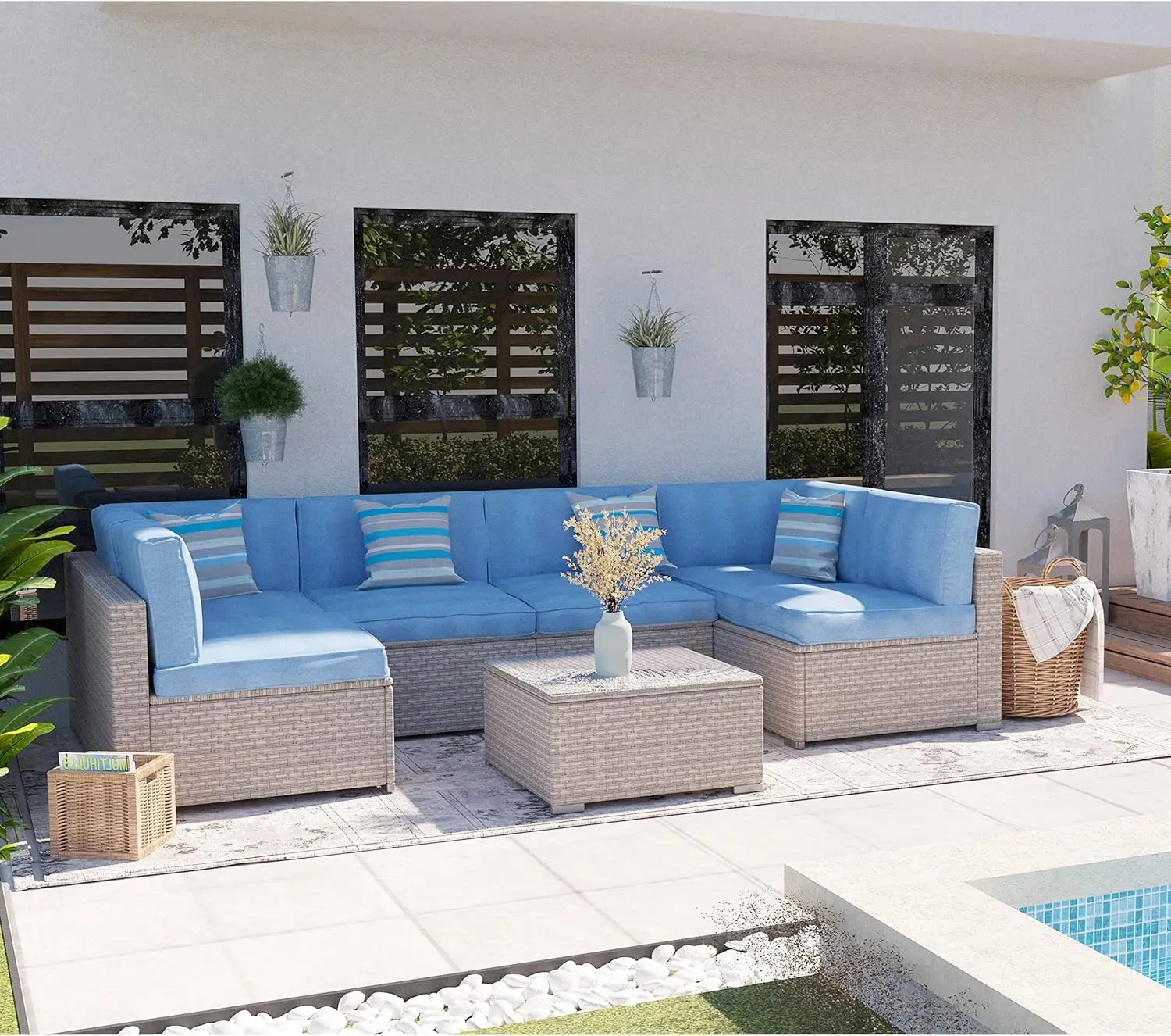 

Outdoor 7 Pieces Patio Sofa Set, Chocolate Brown Wicker Sectional Furniture Seat Cushions, 2 Stripe Pillows and Coffee Table