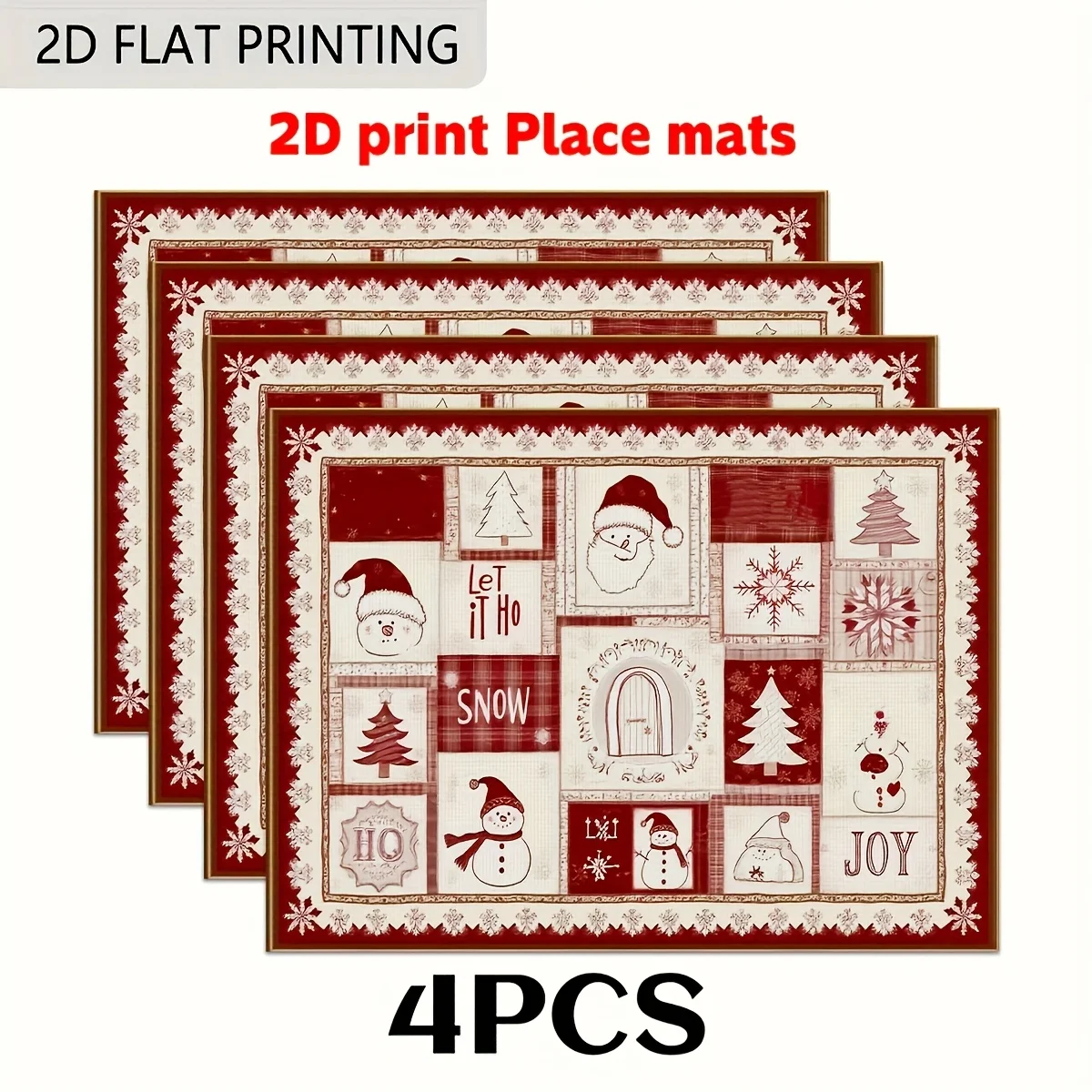

Набор рождественских салфеток из 4 предметов — нескользящие, легко чистящиеся льняные коврики с праздничным рисунком снежинки и оленя