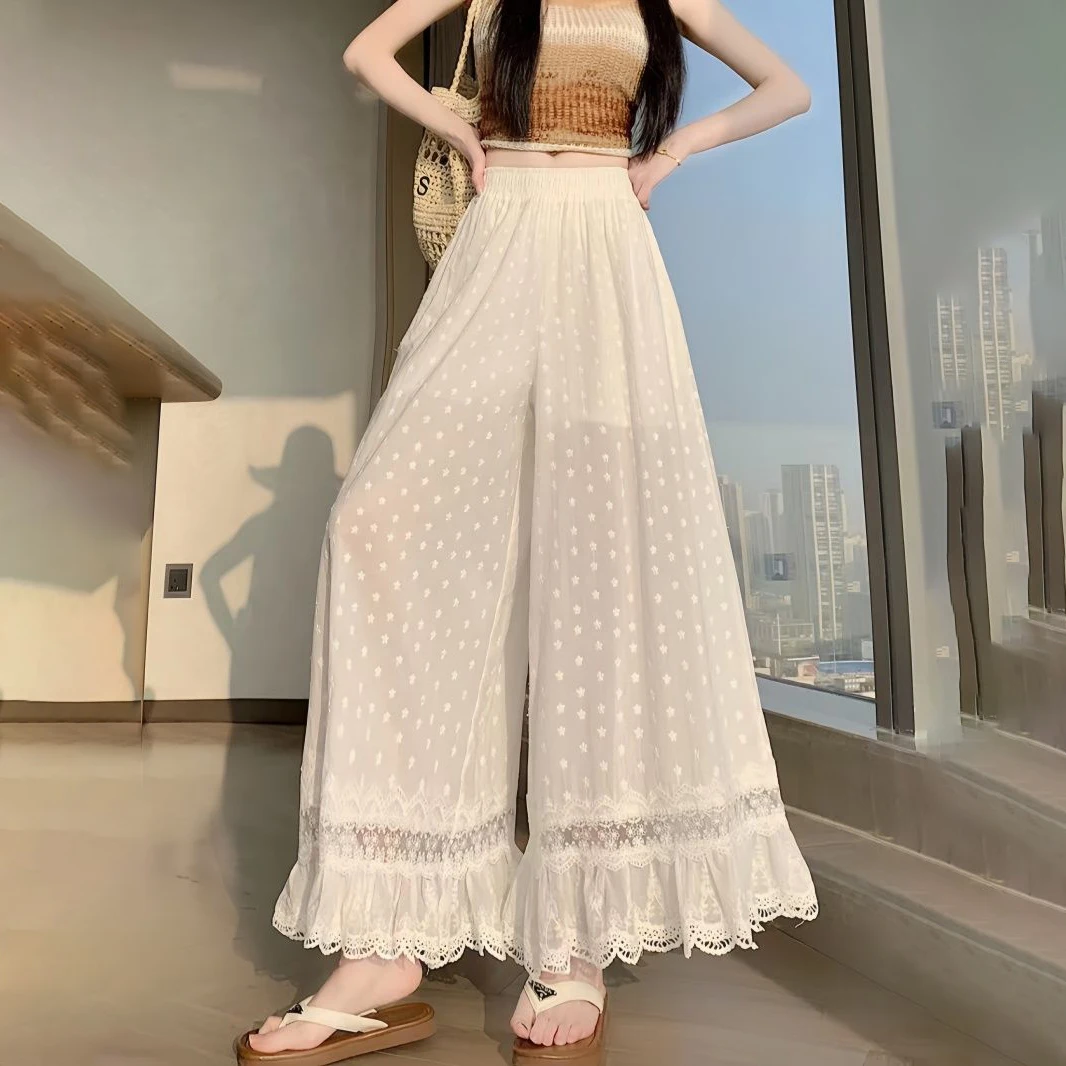 Women White Elastic High Waist Wide Leg Pants Star Embroidery Eyelet Lace Ruffle Hem Sheer Flowy Casual Beach Palazzo Trousers view 2