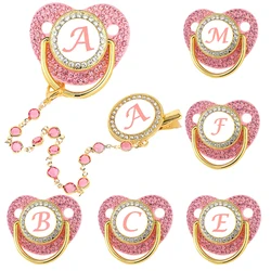 Cadena de chupete con inicial de nombre para bebé, Clips de cristal rosa para recién nacido, chupetes personalizados de lujo, pezón de silicona, regalos de ducha infantil