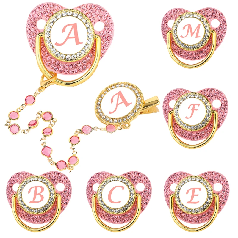 Name Initial Baby Pacifier Chain Clips Pink Crystal Newborn Luxury Personalized Pacifiers Silicone Nipple Infant Shower Gifts