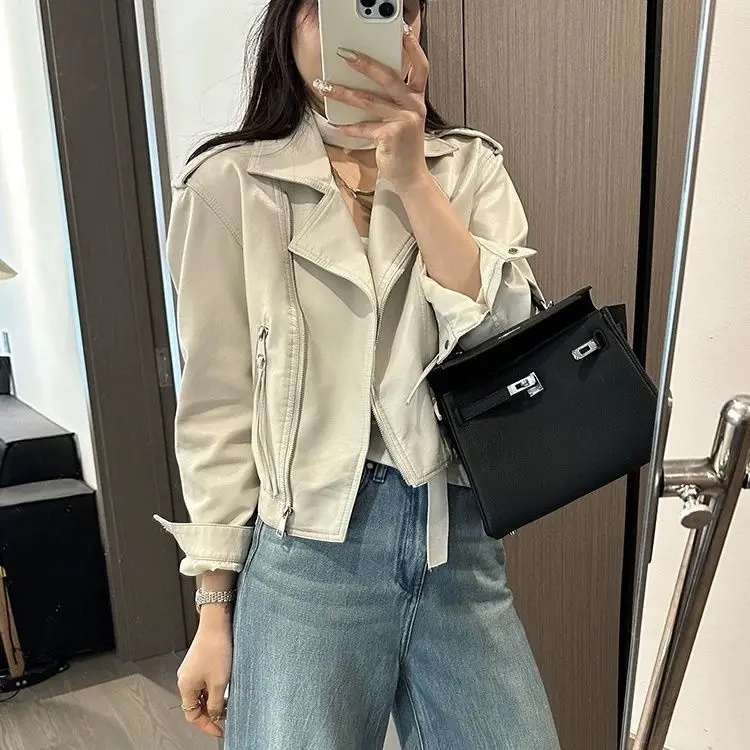 

Women's Loose ort Leather Jaet 2025 Spring Autumn New Sle Turn-down Collar Motorcycle Jaet Top Polyester Fiber