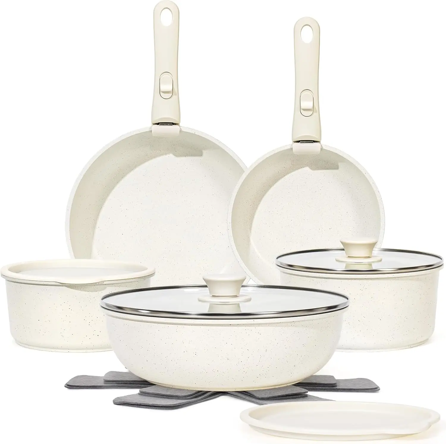 15 Piece Nonstick Cookware Set with Detachable Handle Stackable Oven Safe Induction Compatible White