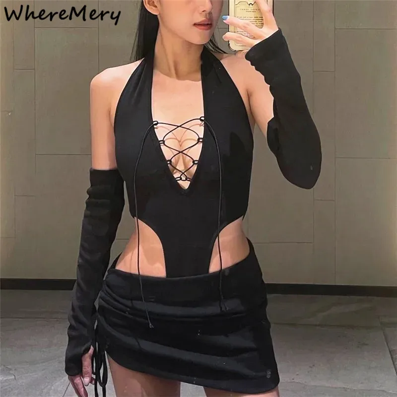 

WhereMery Sexy Y2K Skinny 2 Piece Sets Gothic Hollow Bandage Backless Bodysuit With Low-waist Draw-string Mini Skirt Women Suits