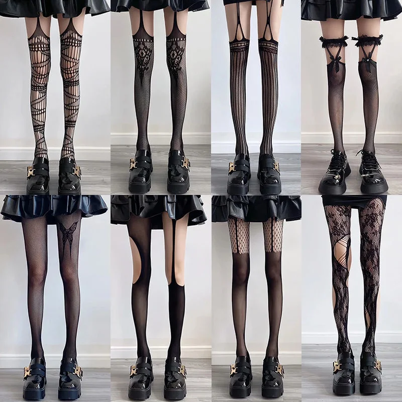 Sexy Hot Girl Jk Long High Knee Torn Fishnet Stockings Over The Knee Socks Women Black Garter Socks Nylon Mesh Ripped Pantyhose