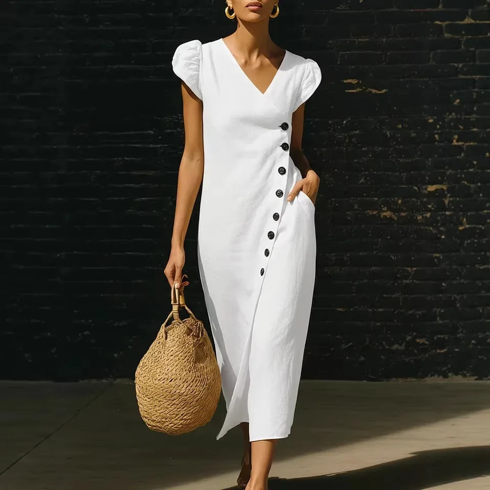Lässiges Kurzarm-Maxikleid für Damen, Sommer 2026, Modisches Einfarbiges Weißes Kleid mit V-Ausschnitt, Elegant