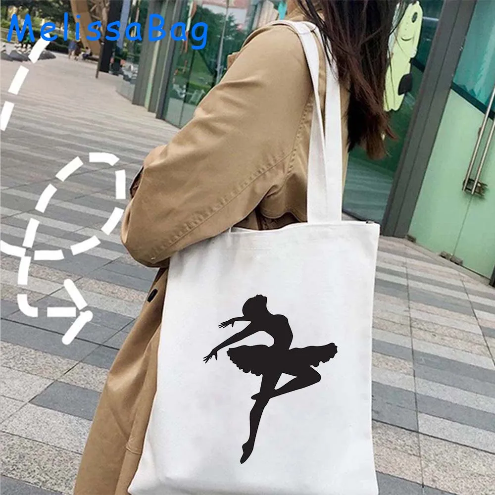 Ballerina Girl Silhouette Canvas Shoulder Tote Bag Hearts Love Dance Ballet Dancer Gymnastics Cute Gifts Harajuku Cotton Handbag