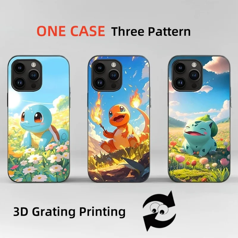 3D-Gitterkarte POKEMONS Handyhülle für iPhone 16 15 14 13 11 12 17 Pro Max Plus Mini Air Squirtle Charmander Bulbasaur Cover