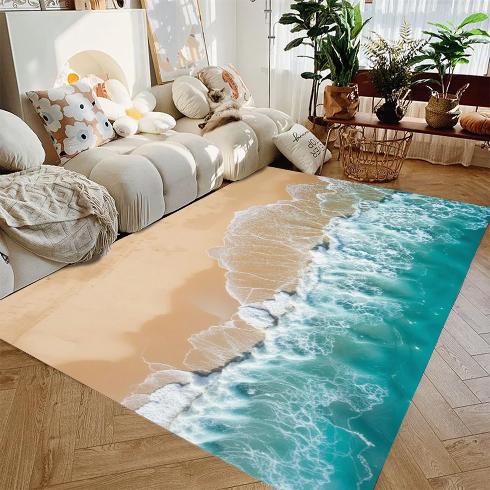 Realistic Beach Ocean Wave Area Rug Seaside Sand Coast Print Non Slip Floor Mat Coastal Nautical Living Room Decor Carpet