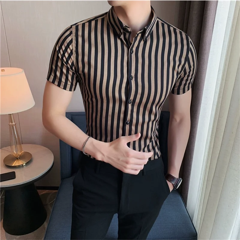 

High Quality Summer Men Striped Shirts Men Short Sleeve Slim Fit Casual Business Shirts Formal Social Party Blouse Homme 4XL-M