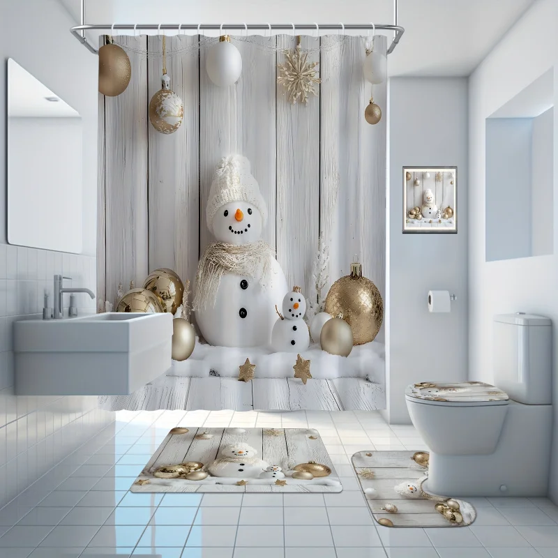 1pc/4pcs Winter Snowman Curtain Set, White Wooden Board Background Golden Christmas Ball Five-pointed Star Print Shower C