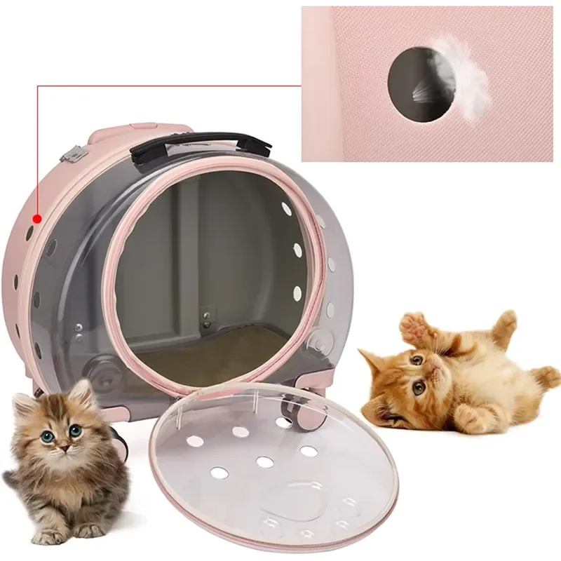 for Portable Hard Shell Cat Carrier with Wheels Telescoping Handle Rolling Transparent Outdoor Pet Carrier Pull Rod Trolley