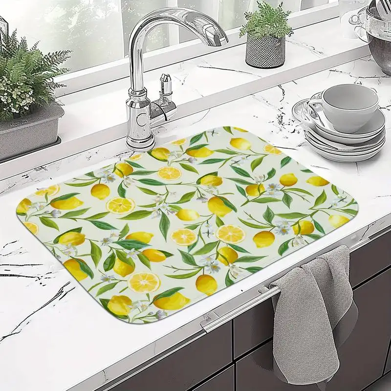 Fresh Lemon Print Tableware Drying Mat Kitchen Restaurant Sink Counter Coffee Machine Mat Diatomaceous Earth Draining Mat Desktop Heat Insulation Mat