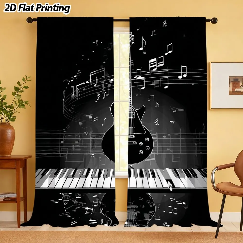 Music Note Guitar Curtain, Piano Keys Black White Pattern Drape, Rock Band Window Treatment for Living Room Bedroom Studio Home