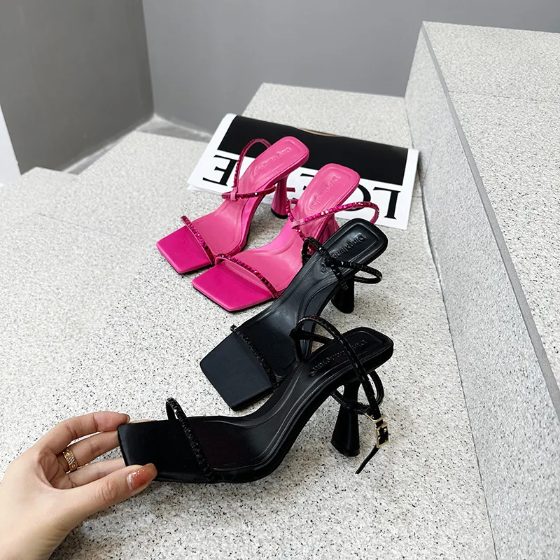 Beige Heeled Sandals Clear Shoes 2024 Women\'s Square Toe Buckle Black New Fashion Velvet Girls Rhinestone Spring High Comfort Su